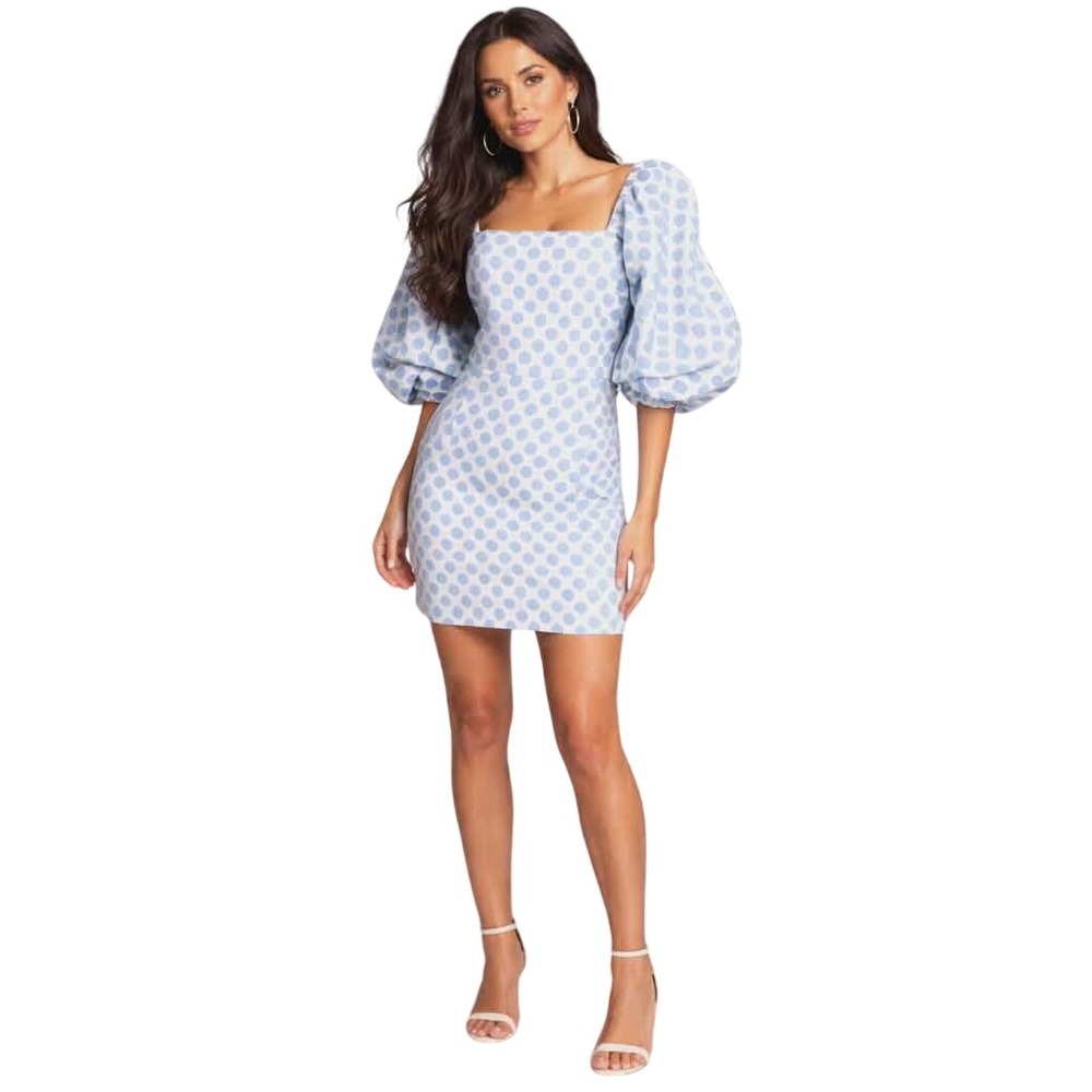 L'atiste Polka Dot Mini Dress Womens Size S Blue White Puff Sleeve Bow Feminine